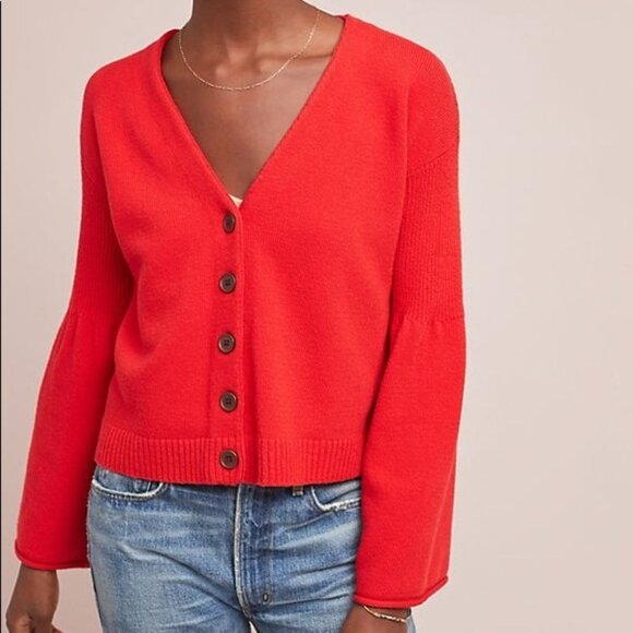Anthropologie Moth Bell-Sleeved Red Cardigan - Picture 5 of 11